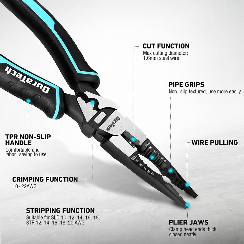 DURATECH 6-in-1 Needle Nose Pliers, 8.5" Multipurpose Long Nose Pliers with Wire Stripper/Crimper/Cutter Function, Heavy Duty Multifunctional Electrician Pliers for Crimping, Stripping, Shearing - Image 2